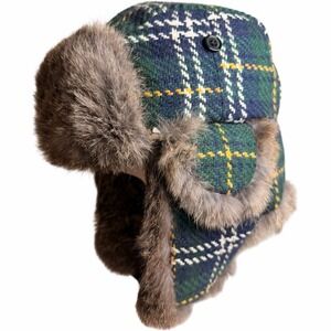 Hat Attack Plaid Tweed Trapper Hat Rabbit Fur Ear Flaps Unisex L